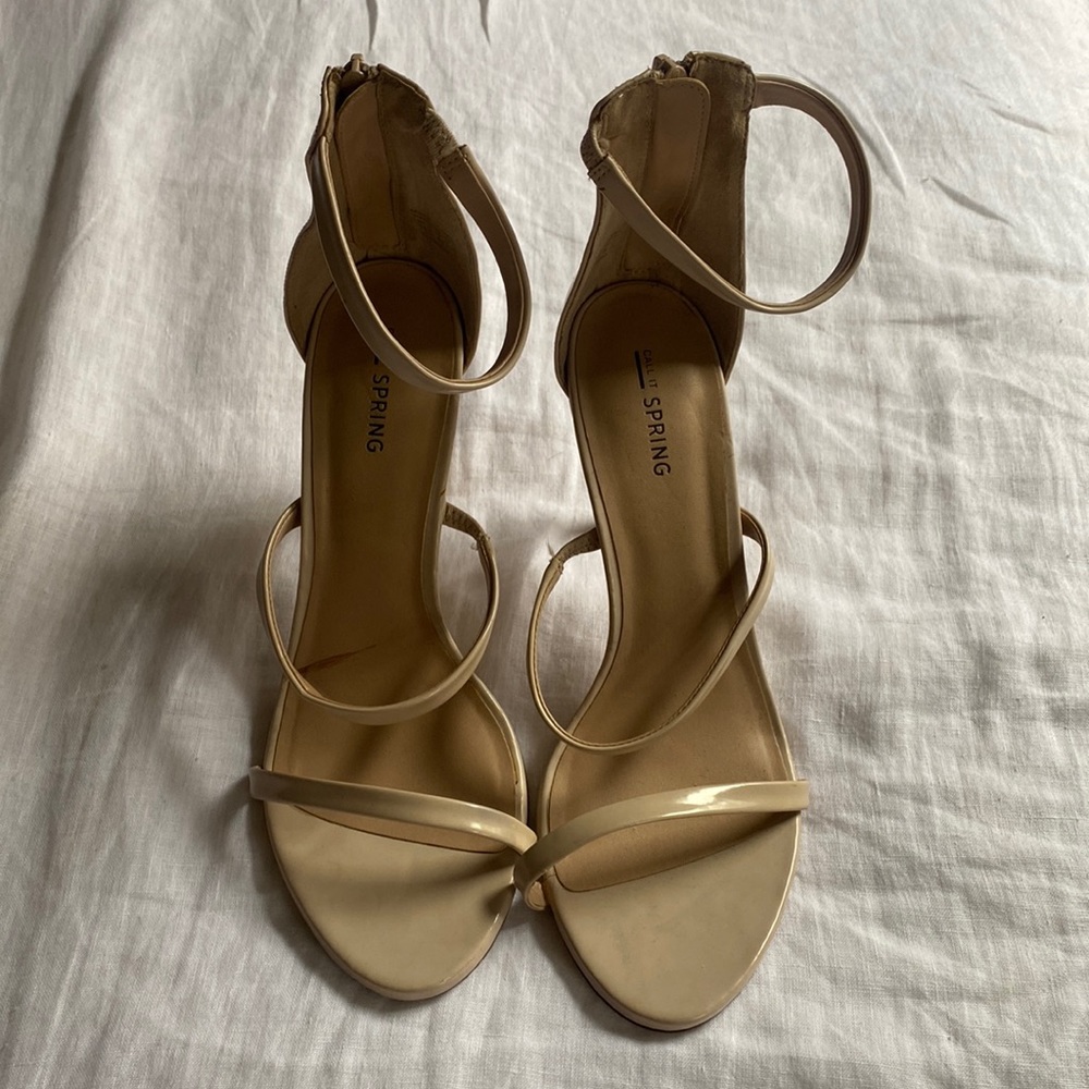 Call It Spring Ankle Strap Nude Patent Leather Sandal Heel